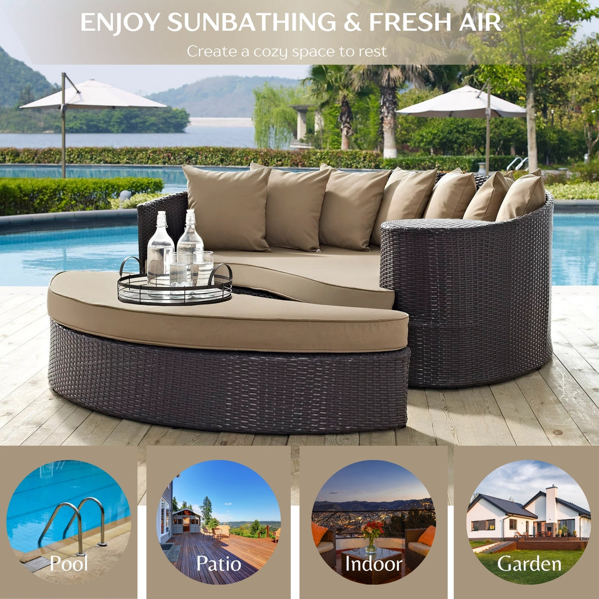 Outdoor Rattan Wicker Daybed (Dark Brown & Beige)