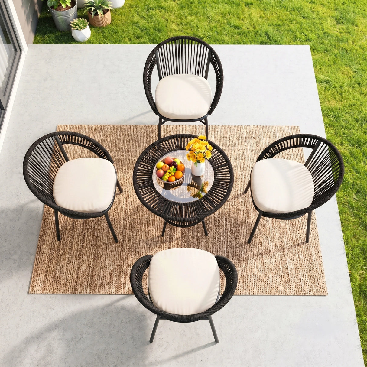Outdoor 4-Seater Patio Rope Conversation Set (Black & Off-White)