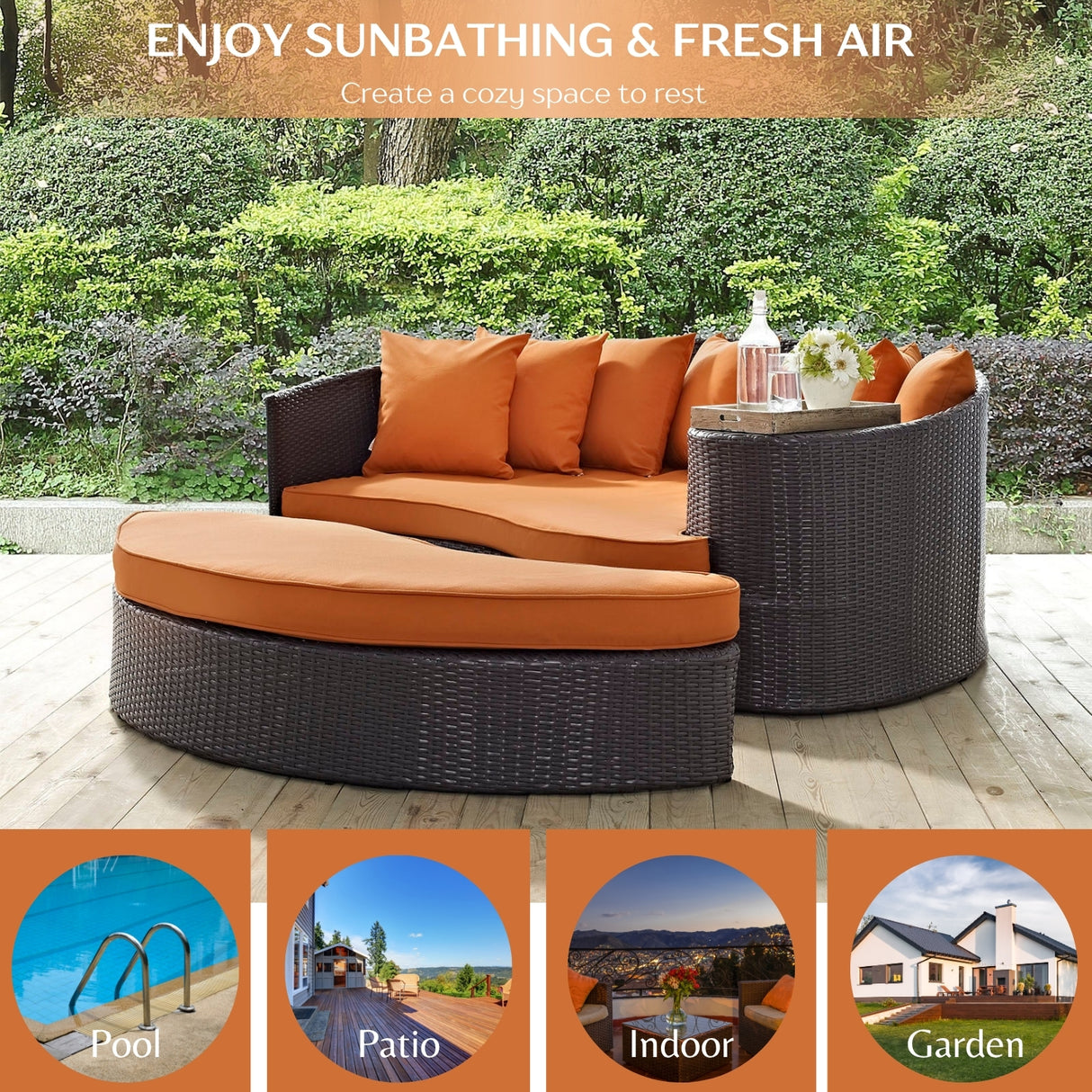 Outdoor Rattan Wicker Daybed (Dark Brown & Orange)