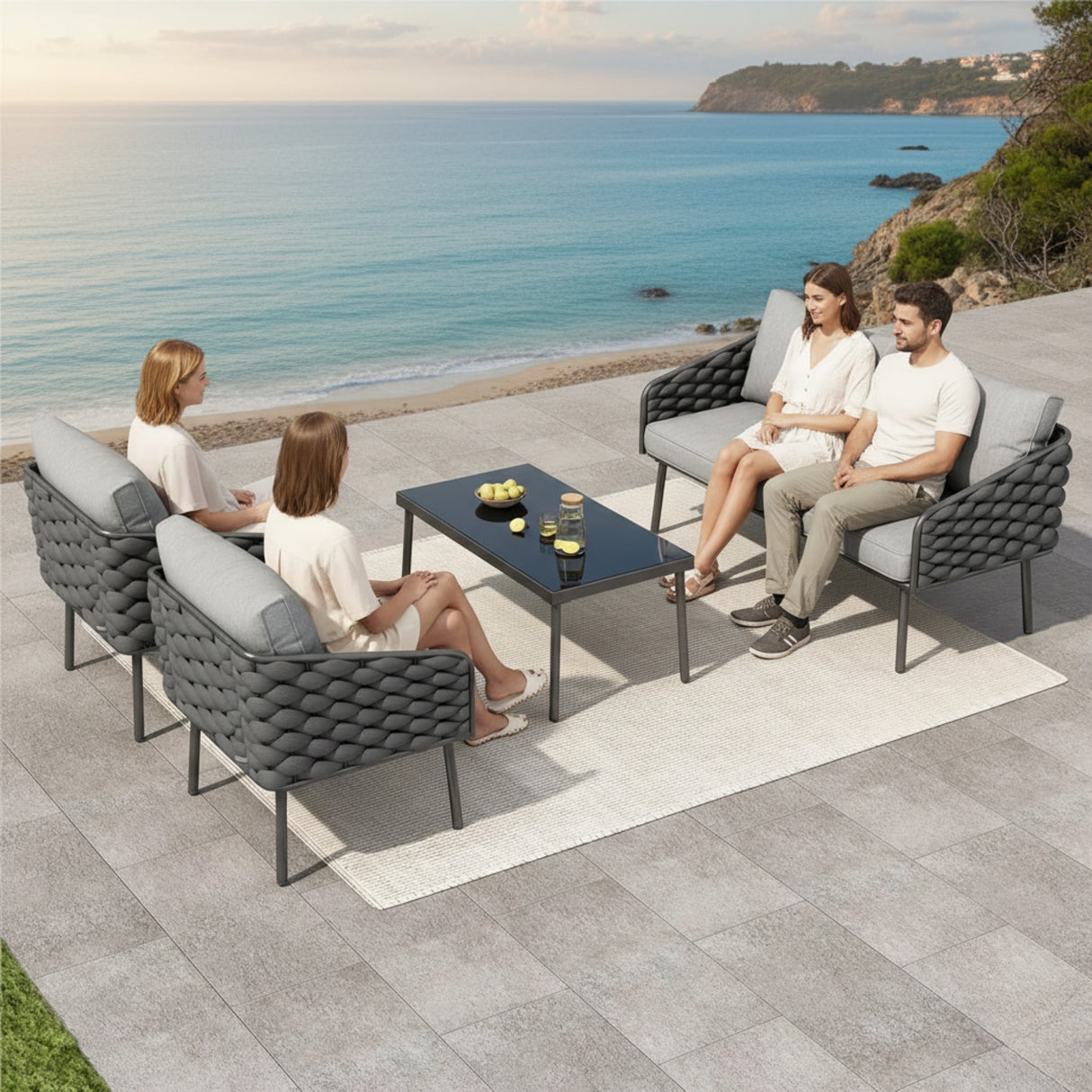 Outdoor Rope Sofa Set With Glass Top Table