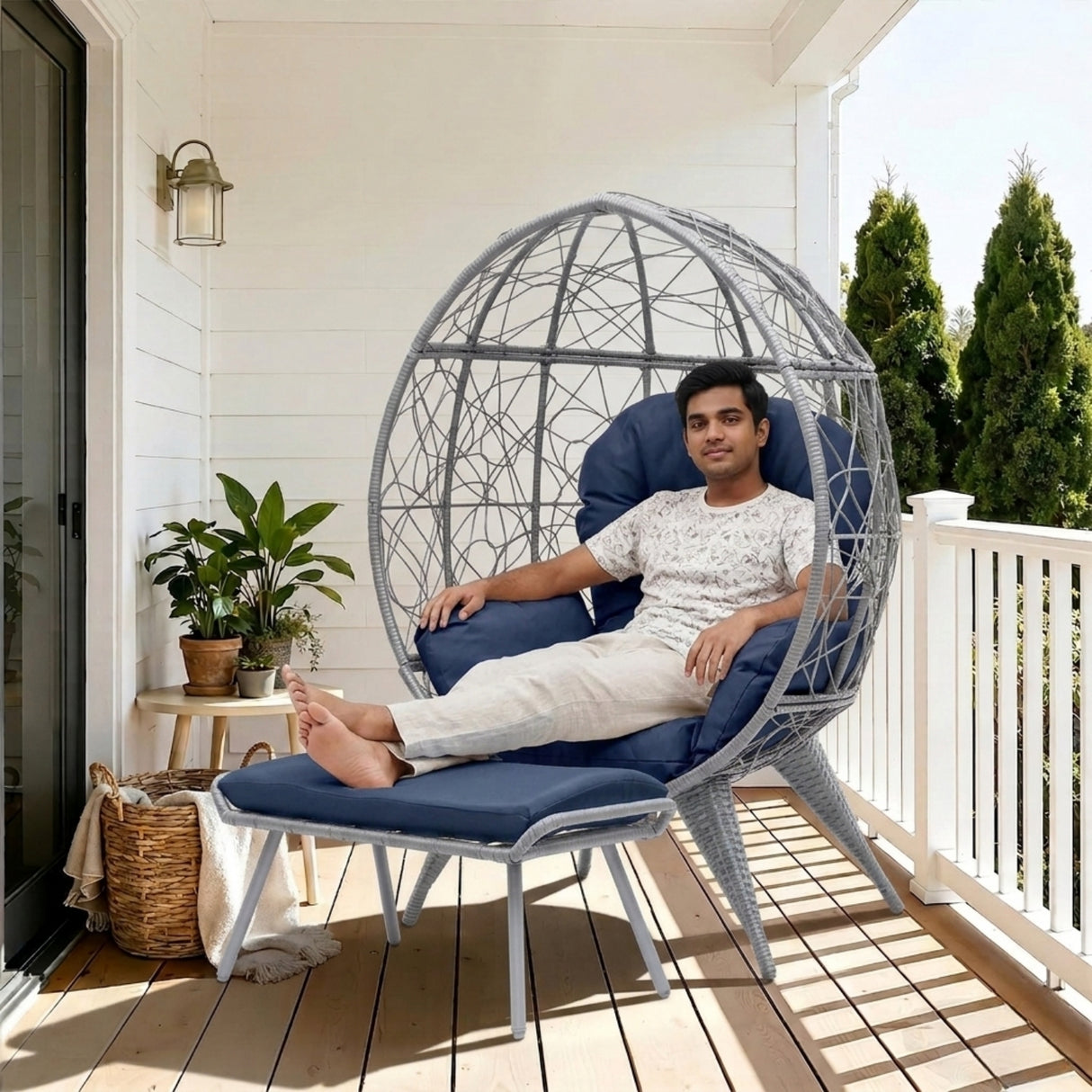 Outdoor Wicker Egg Chair with Ottoman (Silver Grey & Navy-Blue)