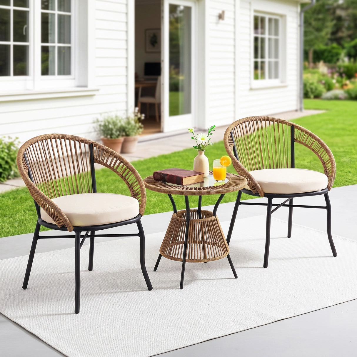 Outdoor Rope 3 Piece Patio Bistro Set (Beige & Cream)
