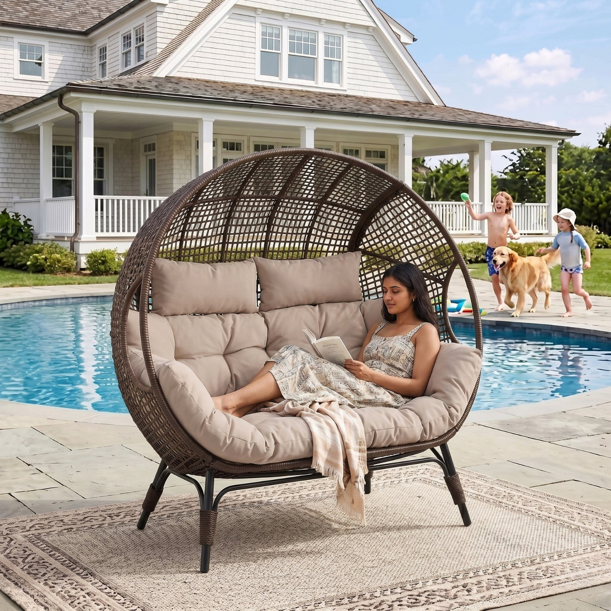 Outdoor Rattan Wicker Double Seater Egg Chair (Dark Brown & Cream)