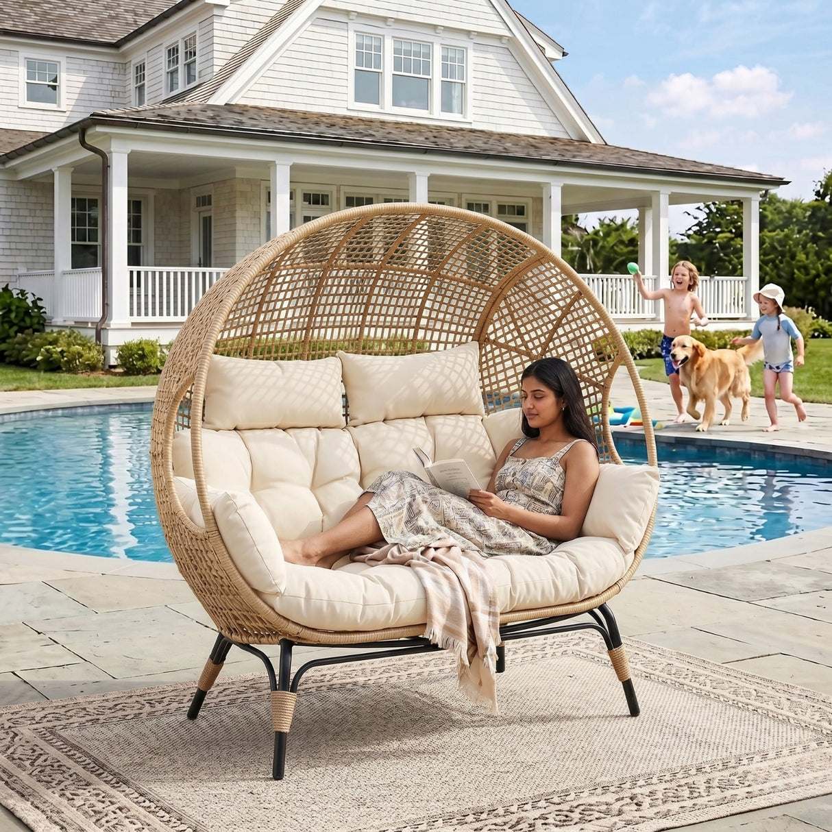 Outdoor Rattan Wicker Double Seater Egg Chair (Beige & Cream)