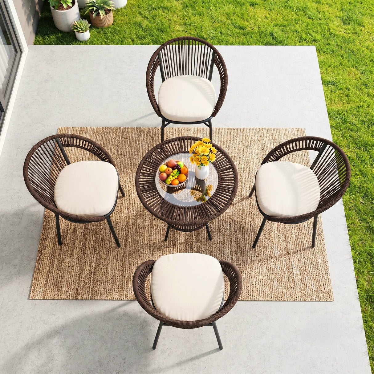 Outdoor 4-Seater Patio Rope Conversation Set (Dark Brown & Cream)