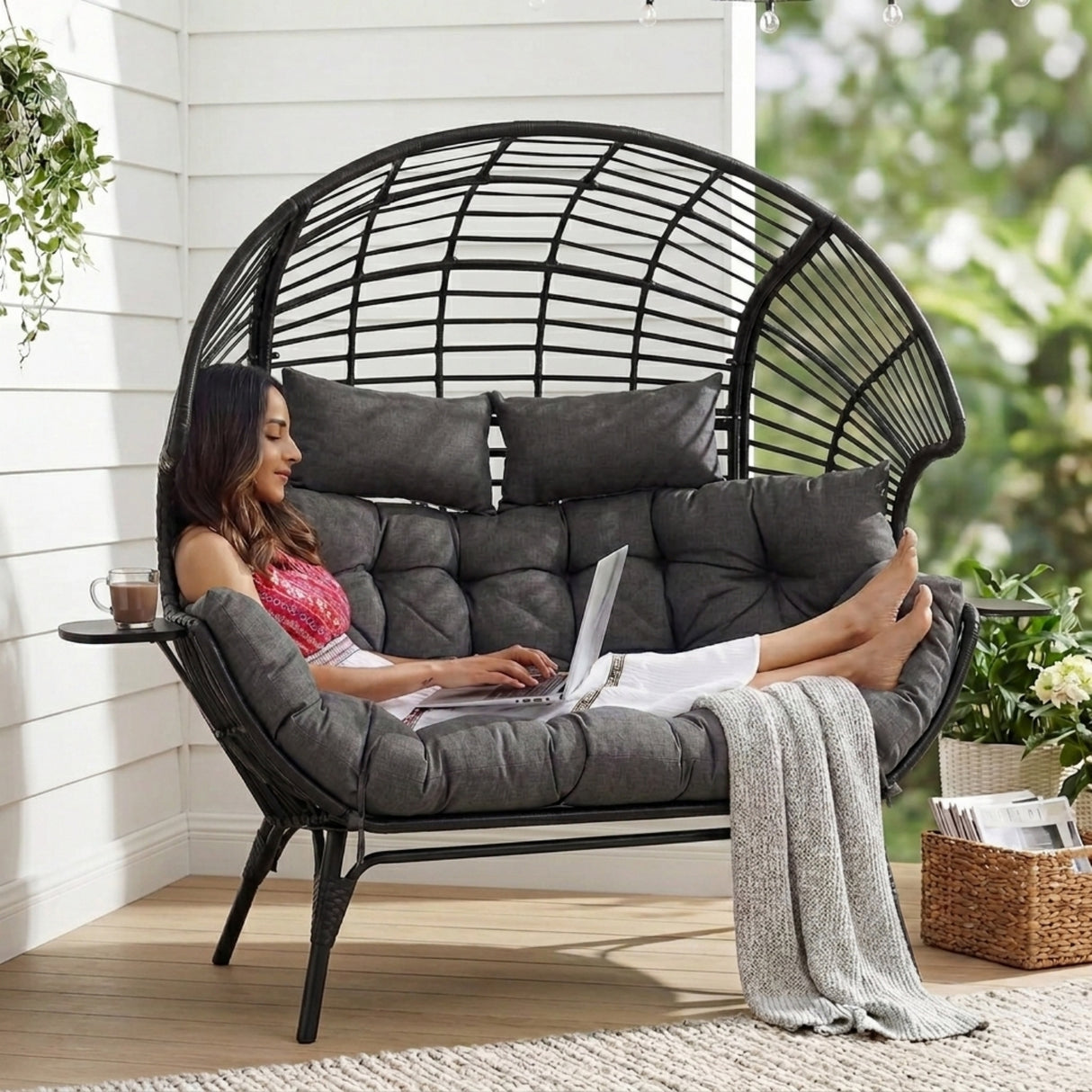 Outdoor Wicker Double Seater Egg Chair with Dual Cup Holders (Black & Dark Grey)
