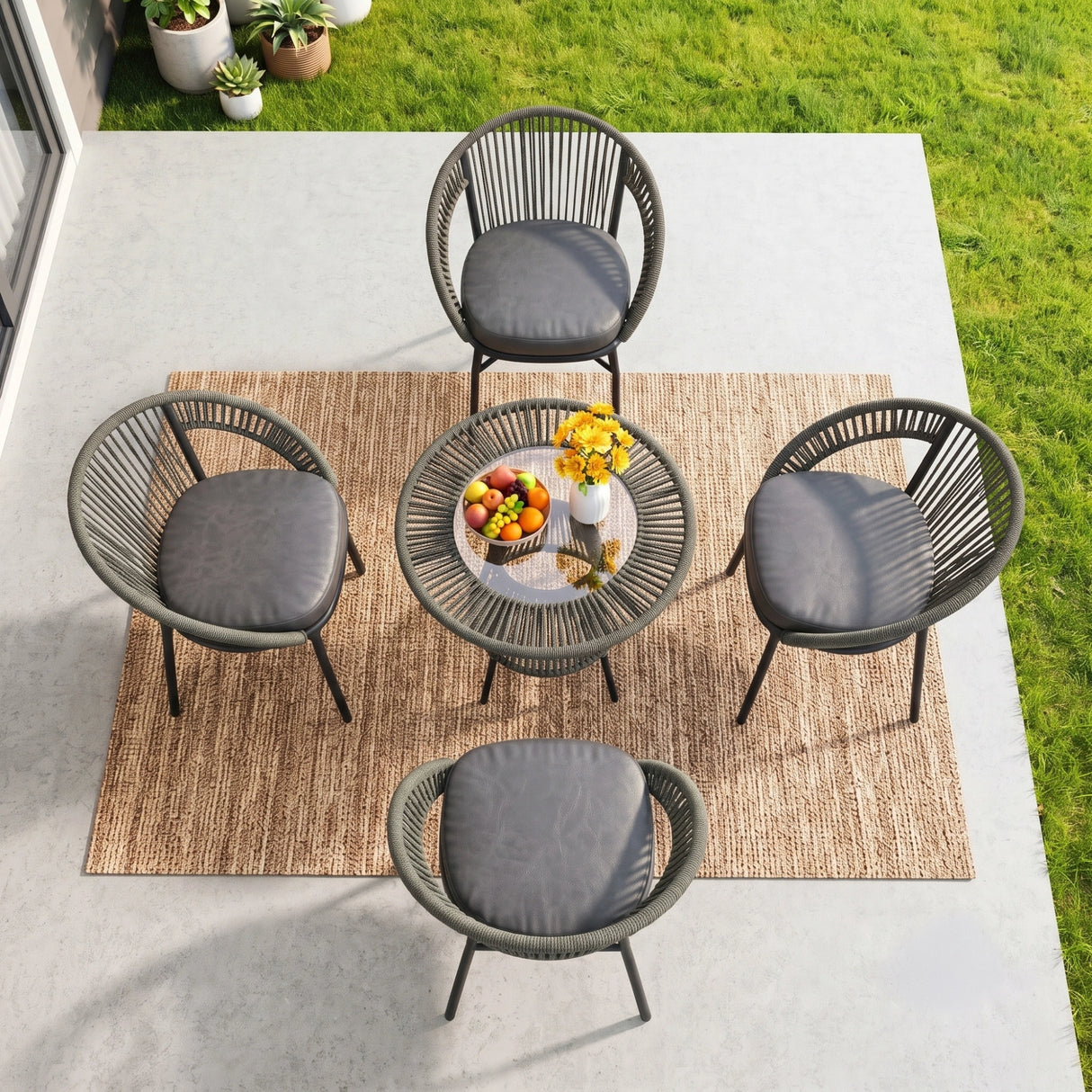 Outdoor 4-Seater Patio Rope Conversation Set (Grey & Dark Grey)