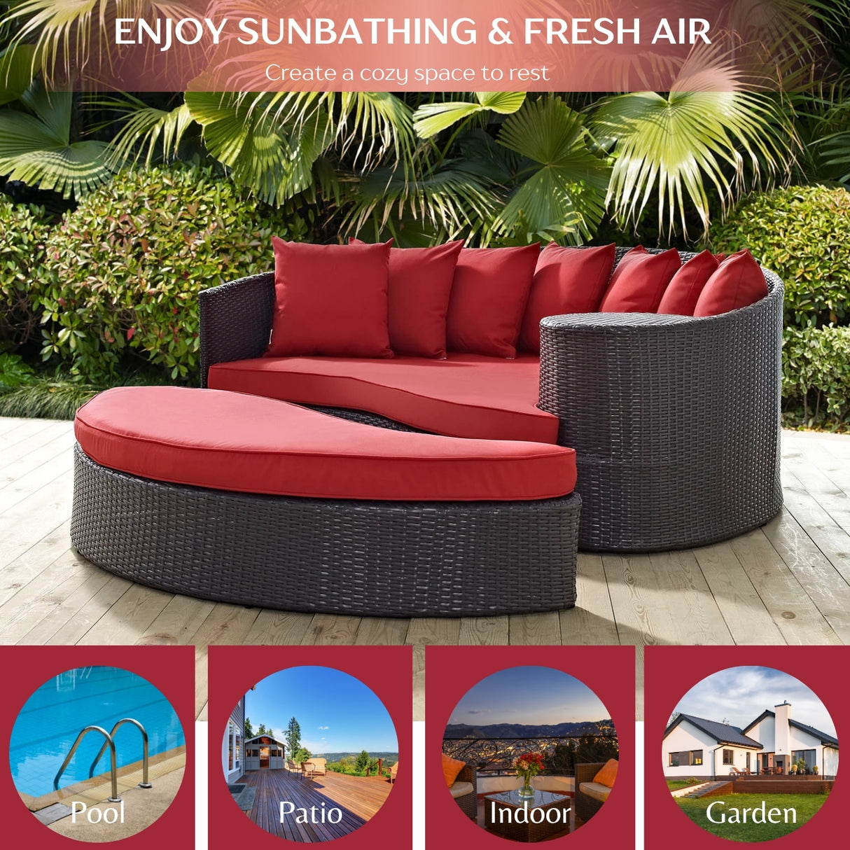 Outdoor Rattan Wicker Daybed (Dark Brown & Red)