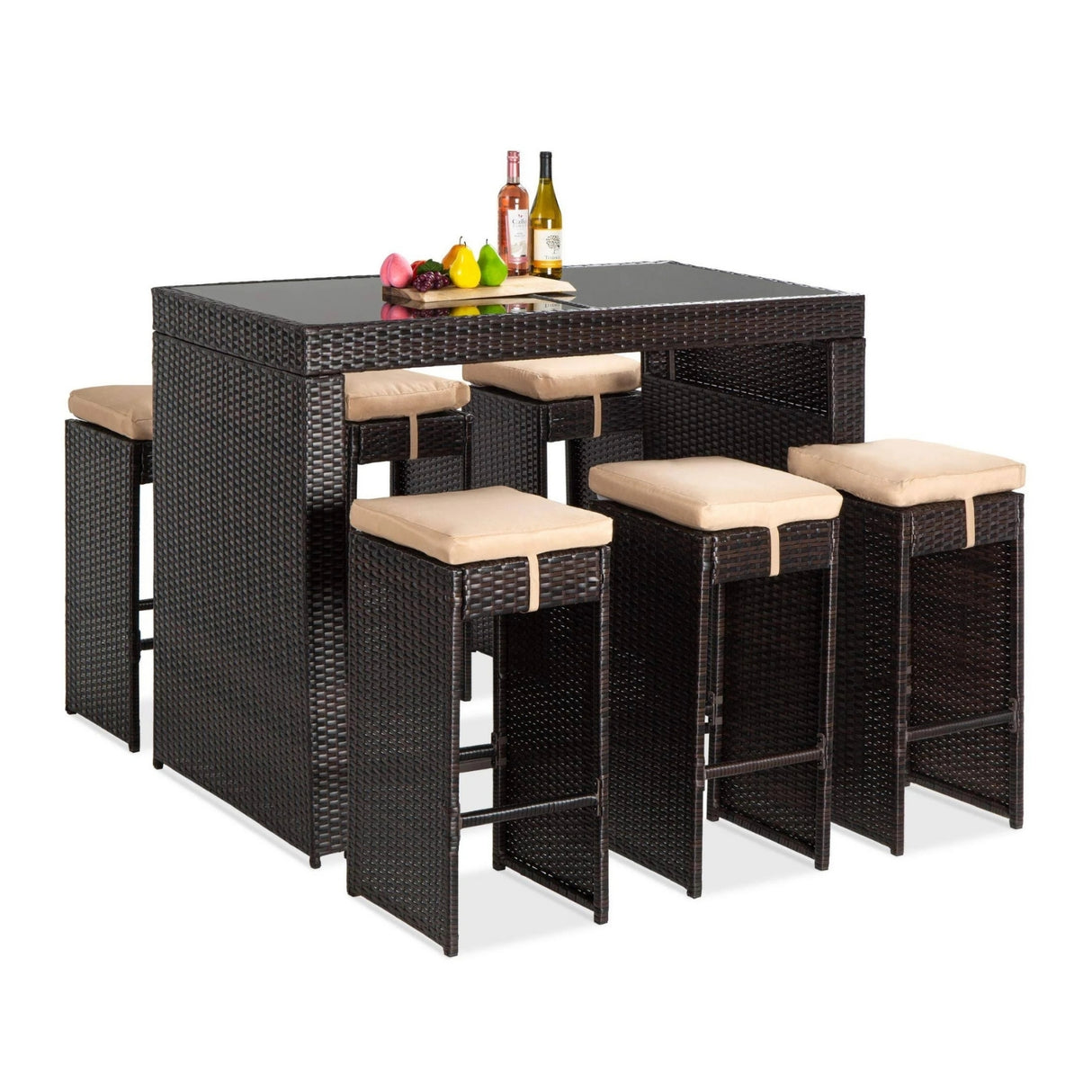 7-Piece Outdoor Rattan Wicker Bar Set with Glass Top Table