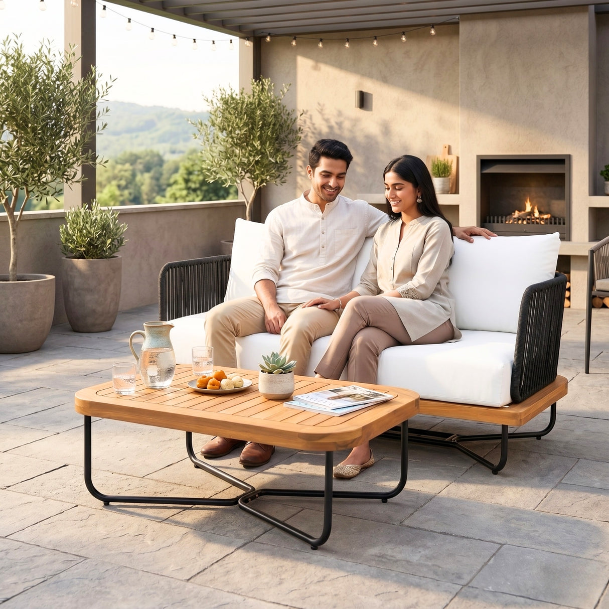 Outdoor Rope 2-Seater Sofa Set with Wooden Base & Slatted Wooden Coffee Table