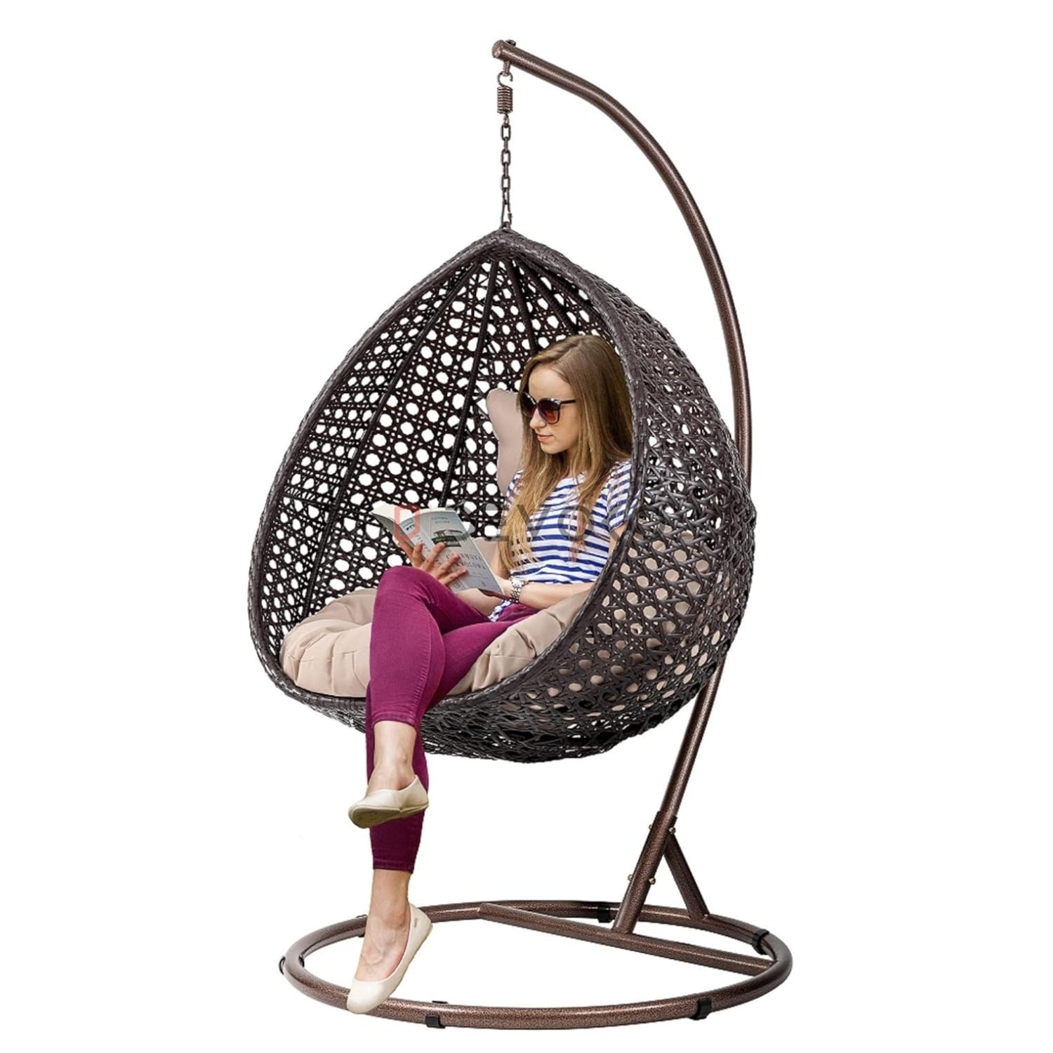 Single Seater Rattan & Wicker Swing (Dark Brown and Cream)