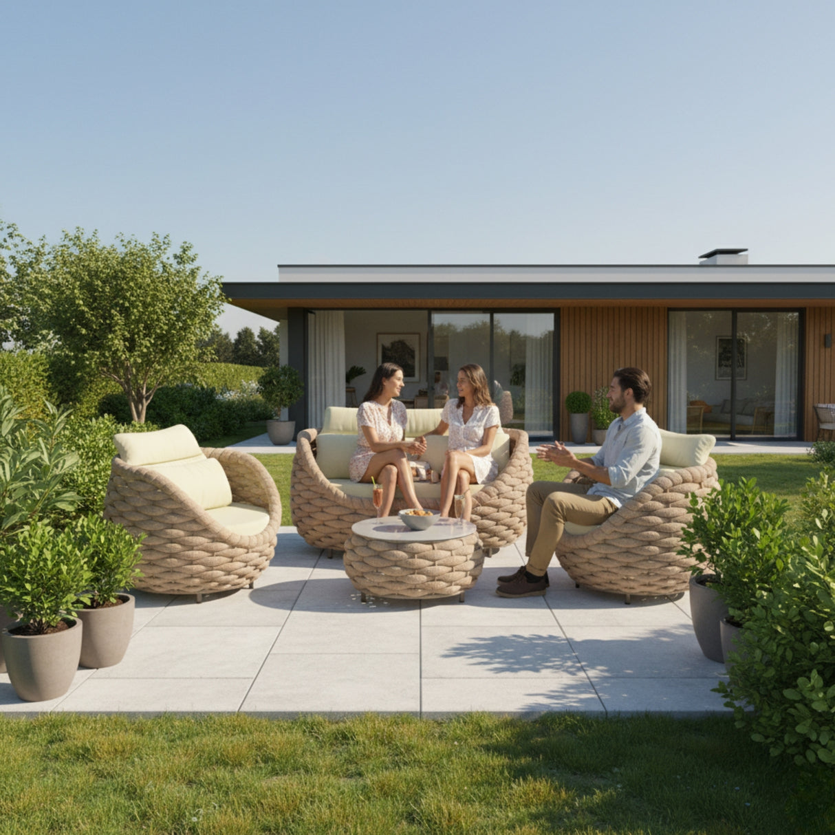 4 Piece Outdoor Rope Sofa Set (Beige & Cream)