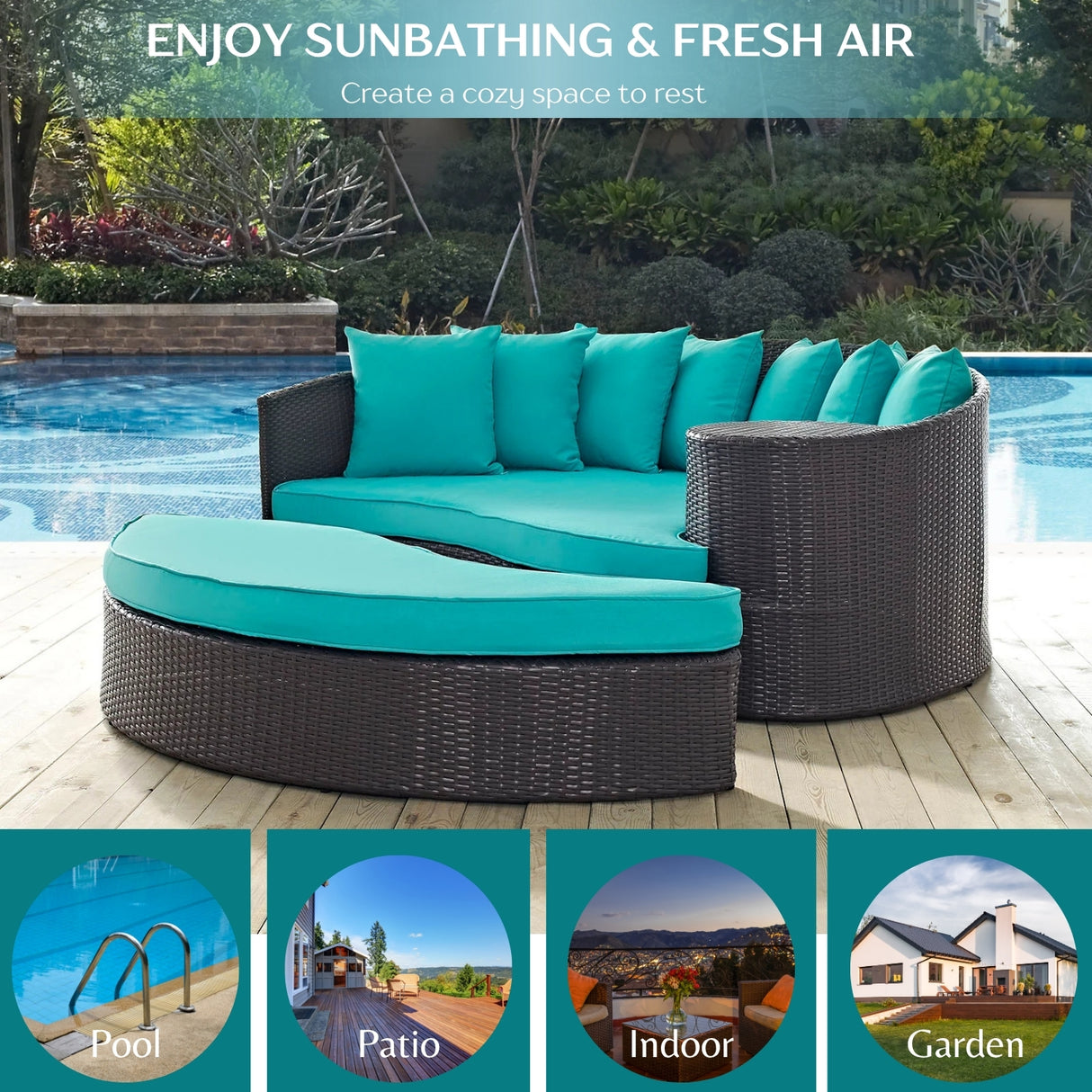 Outdoor Rattan Wicker Daybed (Dark Brown & Turquoise Blue)