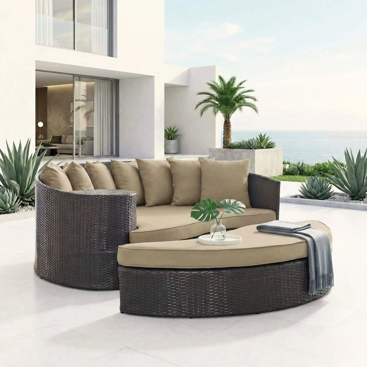 Outdoor Rattan Wicker Daybed (Dark Brown & Beige)