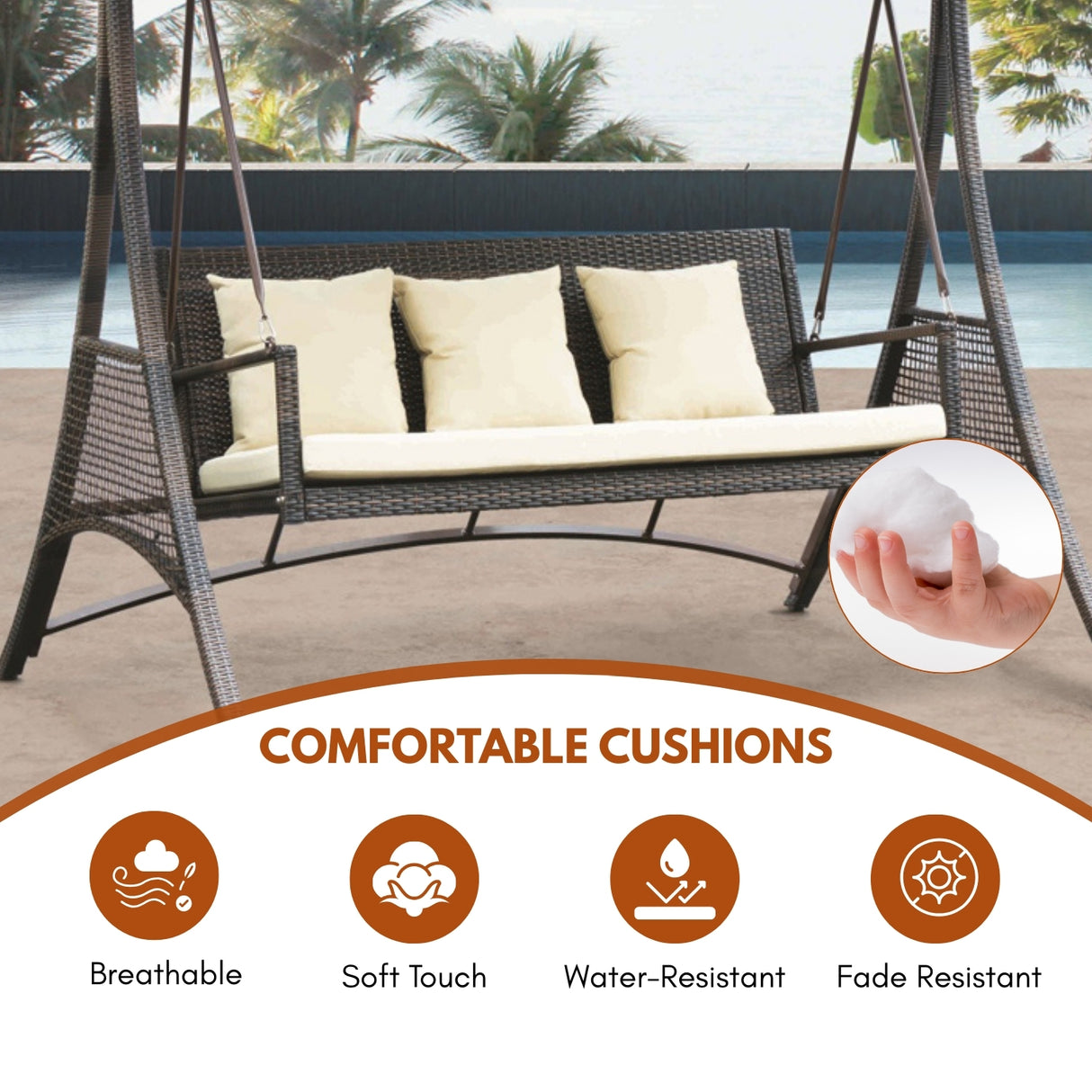 Outdoor Rattan Wicker 3-Seat Patio Swing Chair with Shade & Cushions