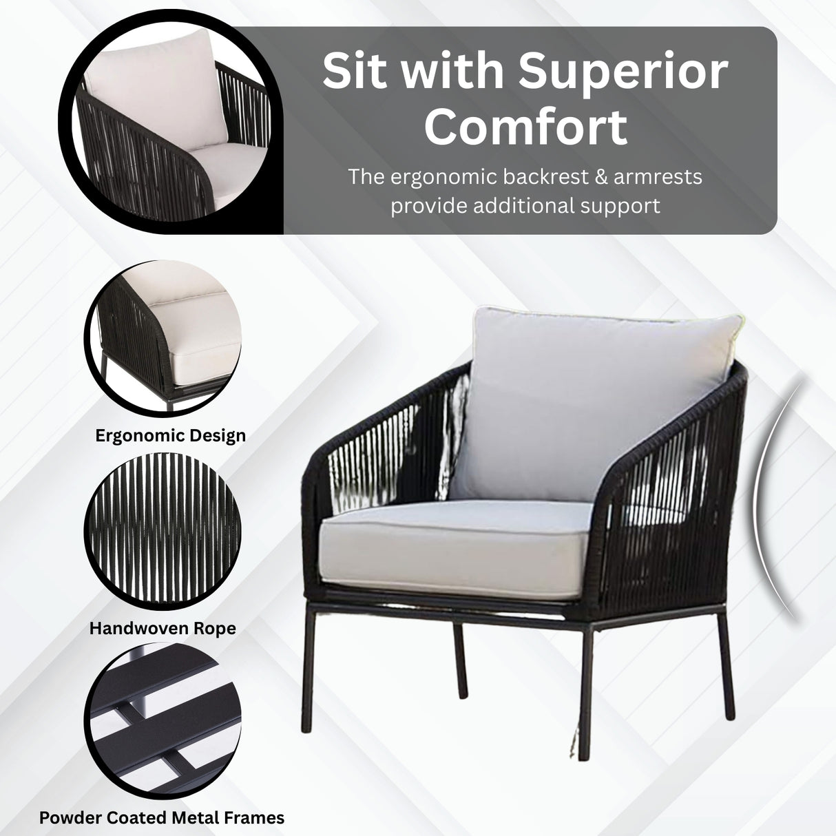 3 Piece Outdoor Rope Bistro Set (Black & White)