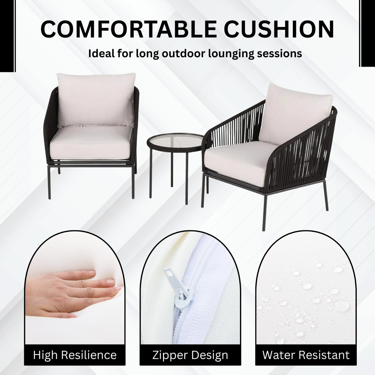 3 Piece Outdoor Rope Bistro Set (Black & White)