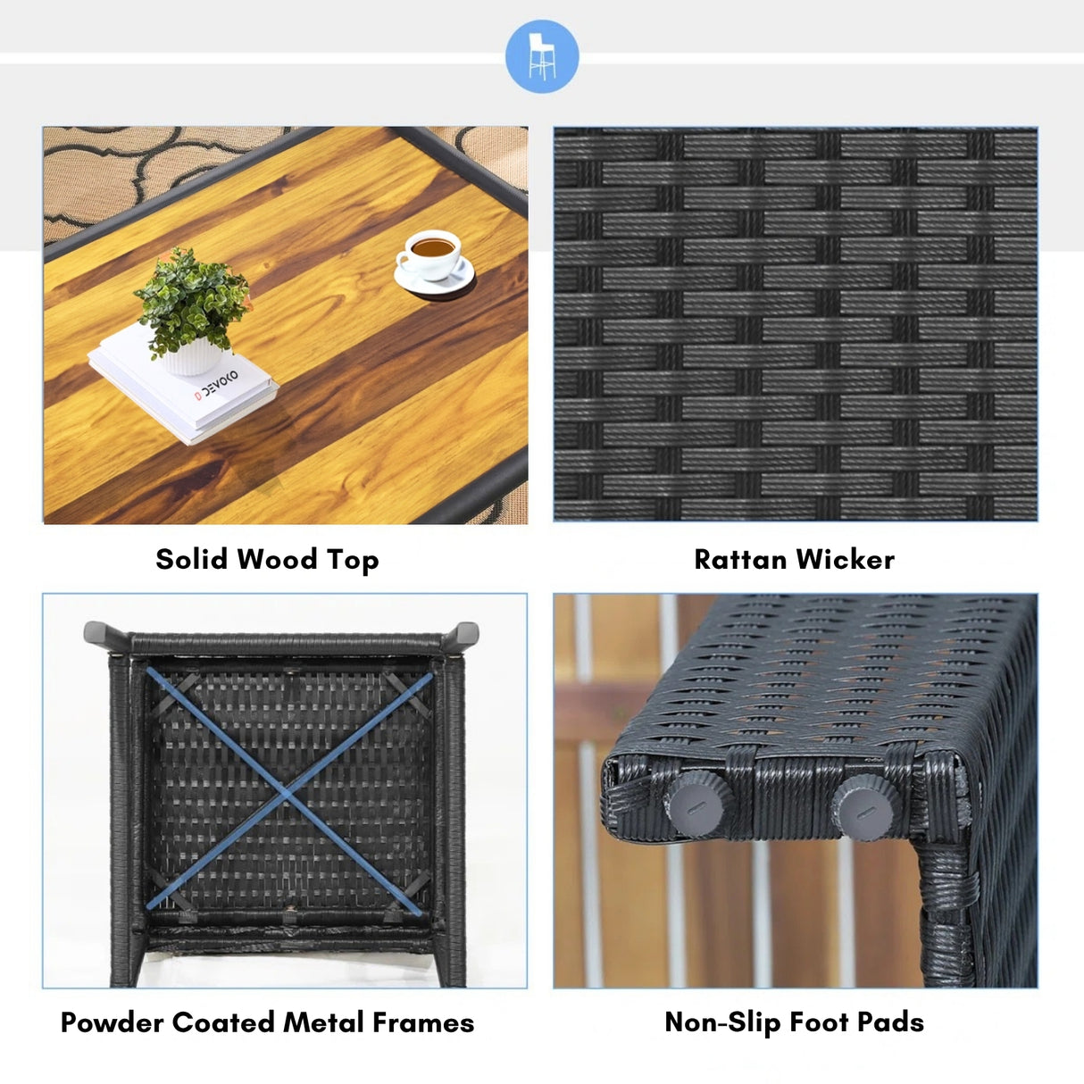 5-Piece Outdoor Rattan Wicker Bar Set with Wooden Top Table