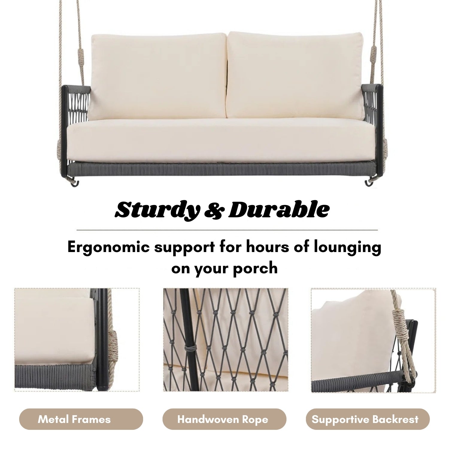 Outdoor Rope Swing 2-Person Hanging Chair, Weatherproof Porch Swing