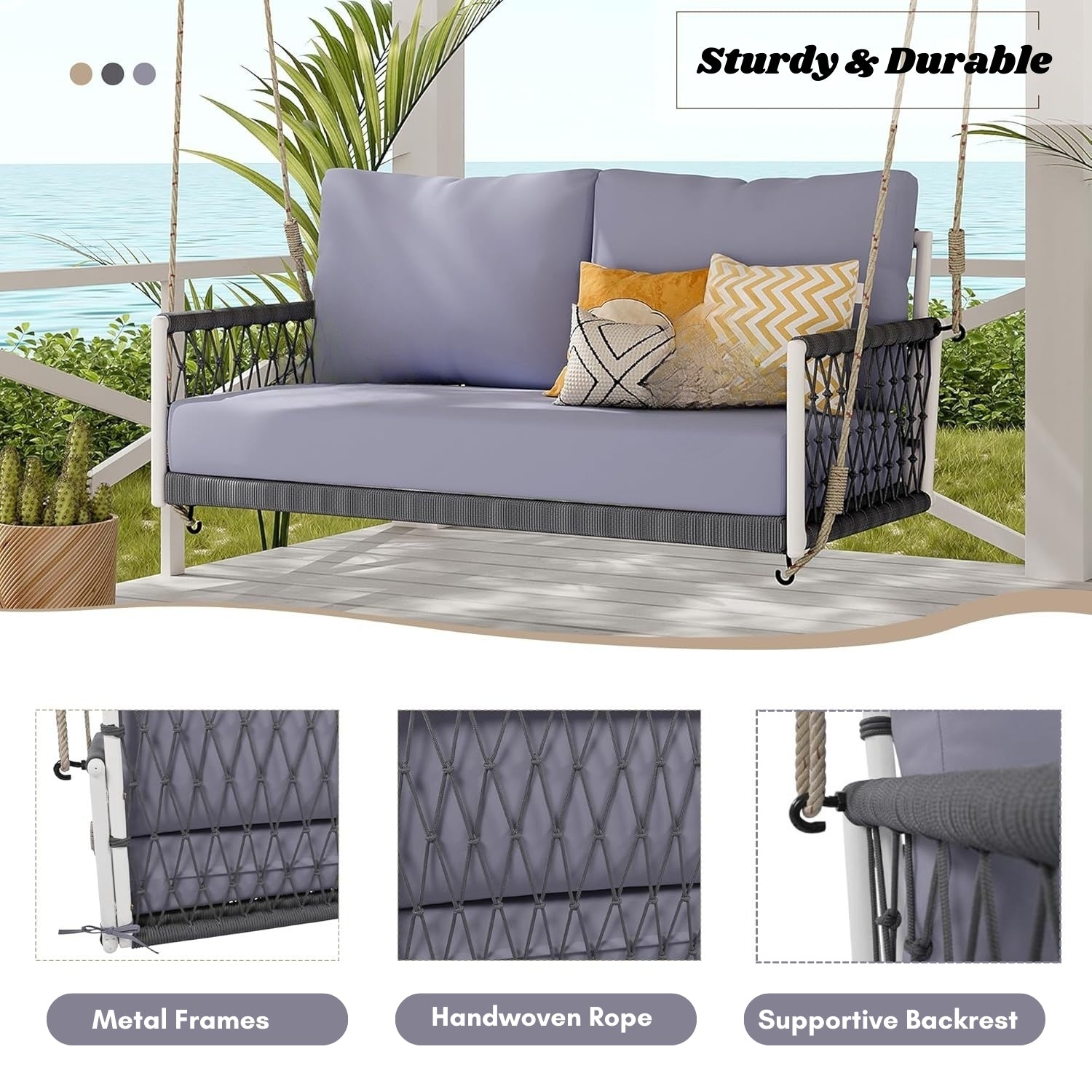 Outdoor Rope Swing 2-Person Hanging Chair, Weatherproof Porch Swing