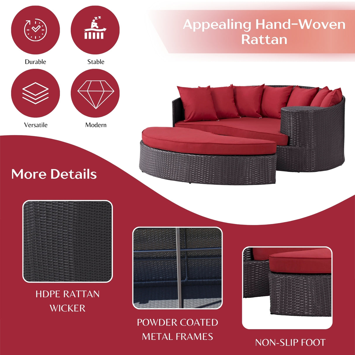 Outdoor Rattan Wicker Daybed (Dark Brown & Red)