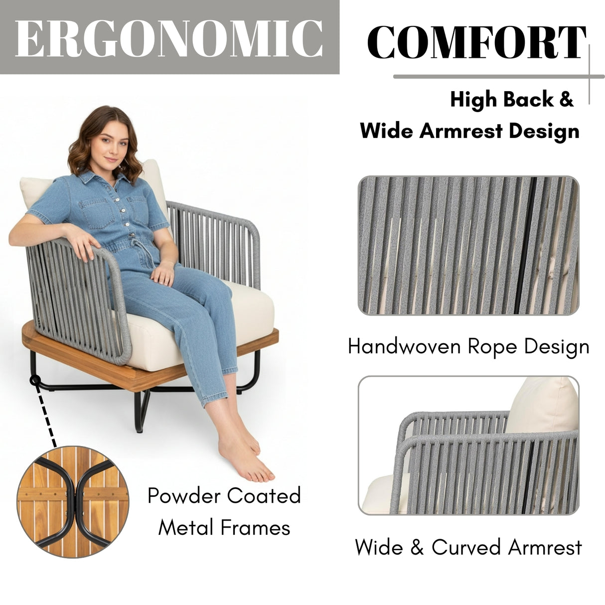 Outdoor 6-Piece Rope Woven Conversation Sofa Set with Wooden Top Table