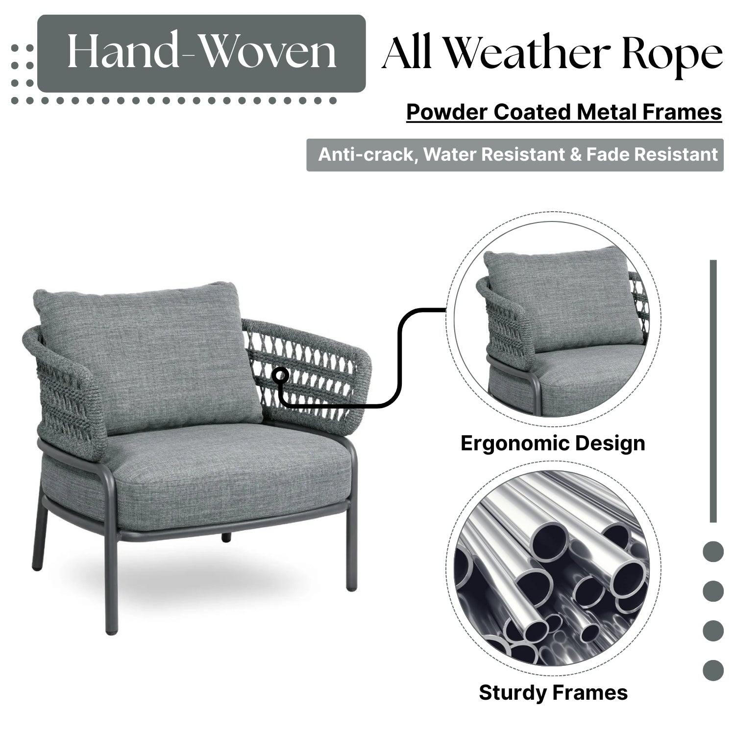 Outdoor Rope 4-Piece Patio Sofa Set with Glass Top Table (Grey)