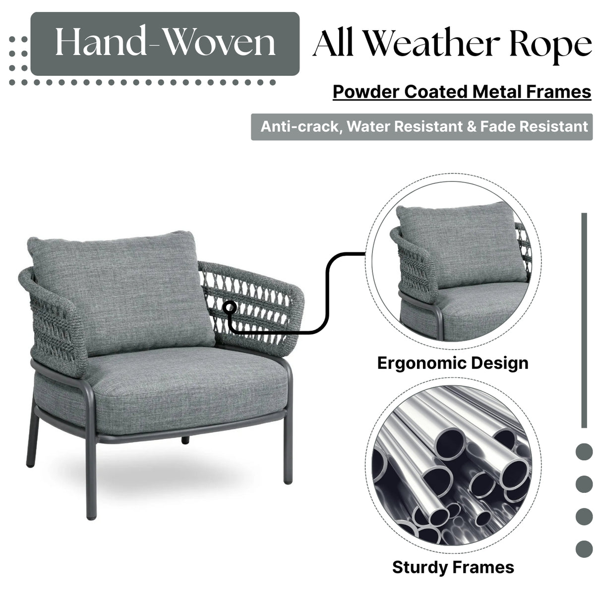 Outdoor Rope 4-Piece Patio Sofa Set with Glass Top Table (Grey)