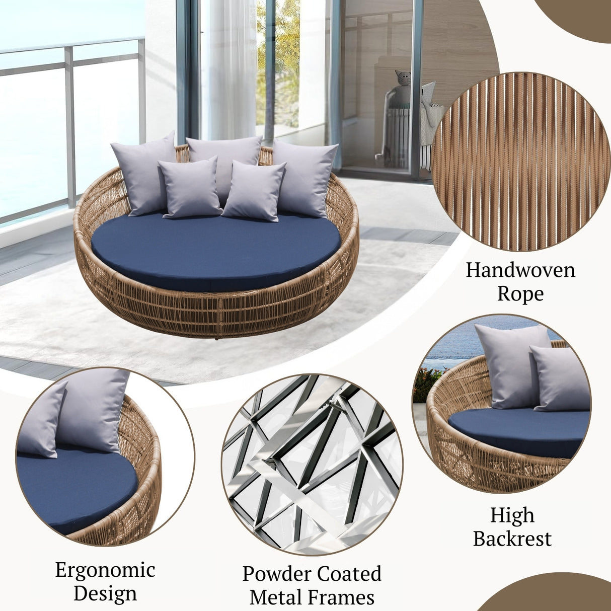 Outdoor Round Beige Rope Daybed Sofa