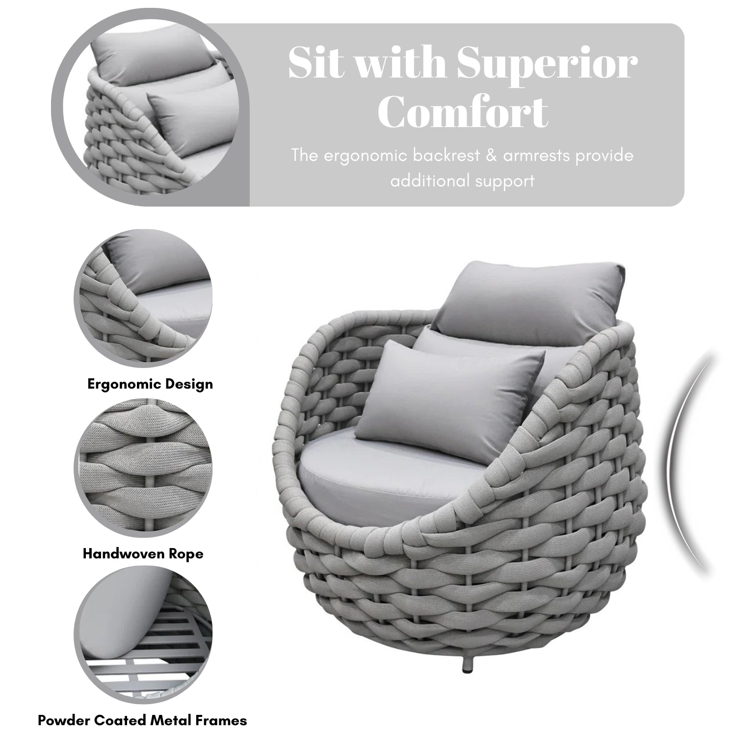 Bird’s Nest Shape 3-Piece Hand-Woven Rope Patio Set