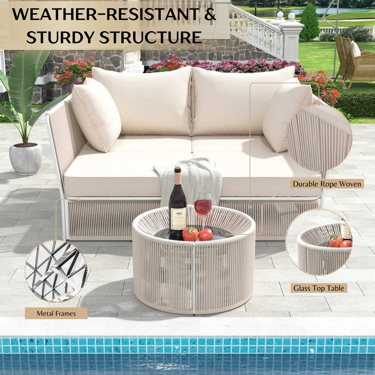 Outdoor Rope 2 Seater Patio Daybed With Side Table