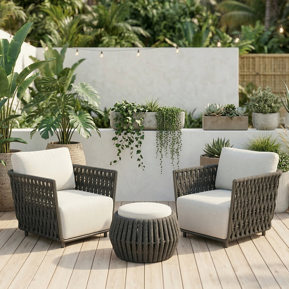 Outdoor Rope 3-Piece Patio Sofa Set (Grey & Off-White)