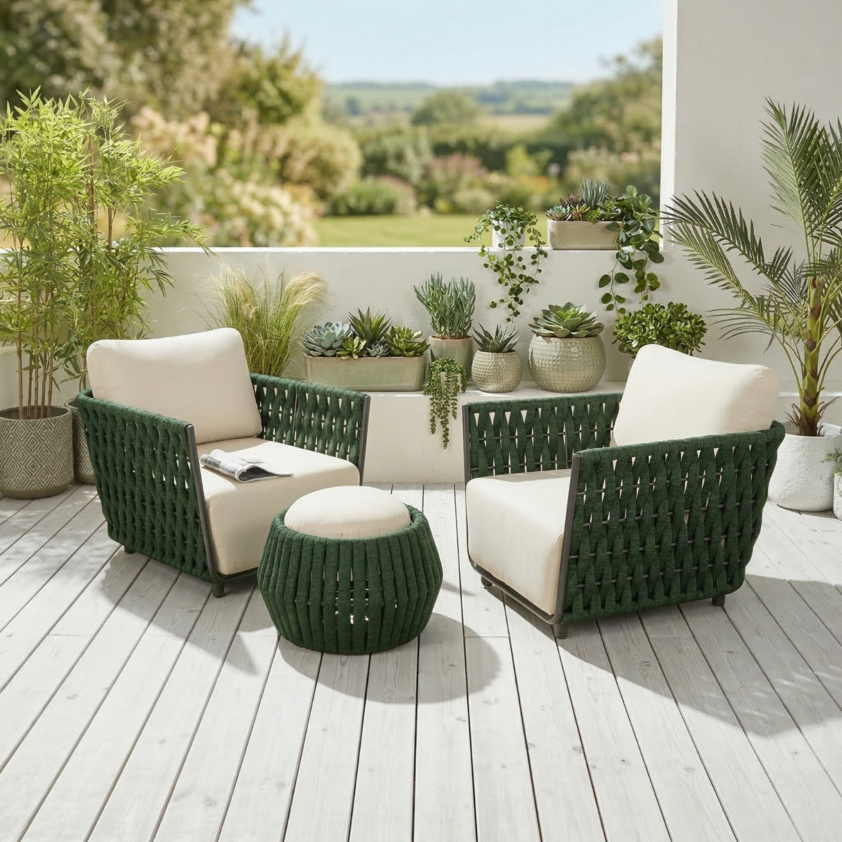 Outdoor Rope 3-Piece Patio Sofa Set (Green & Off-White)