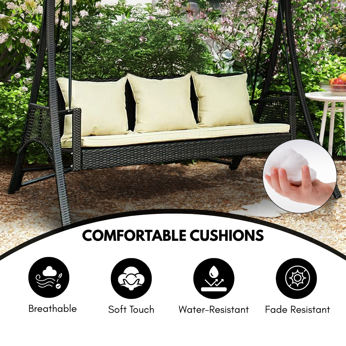 All-Weather Outdoor Rattan Wicker 3-Seat Patio Swing Chair with Shade