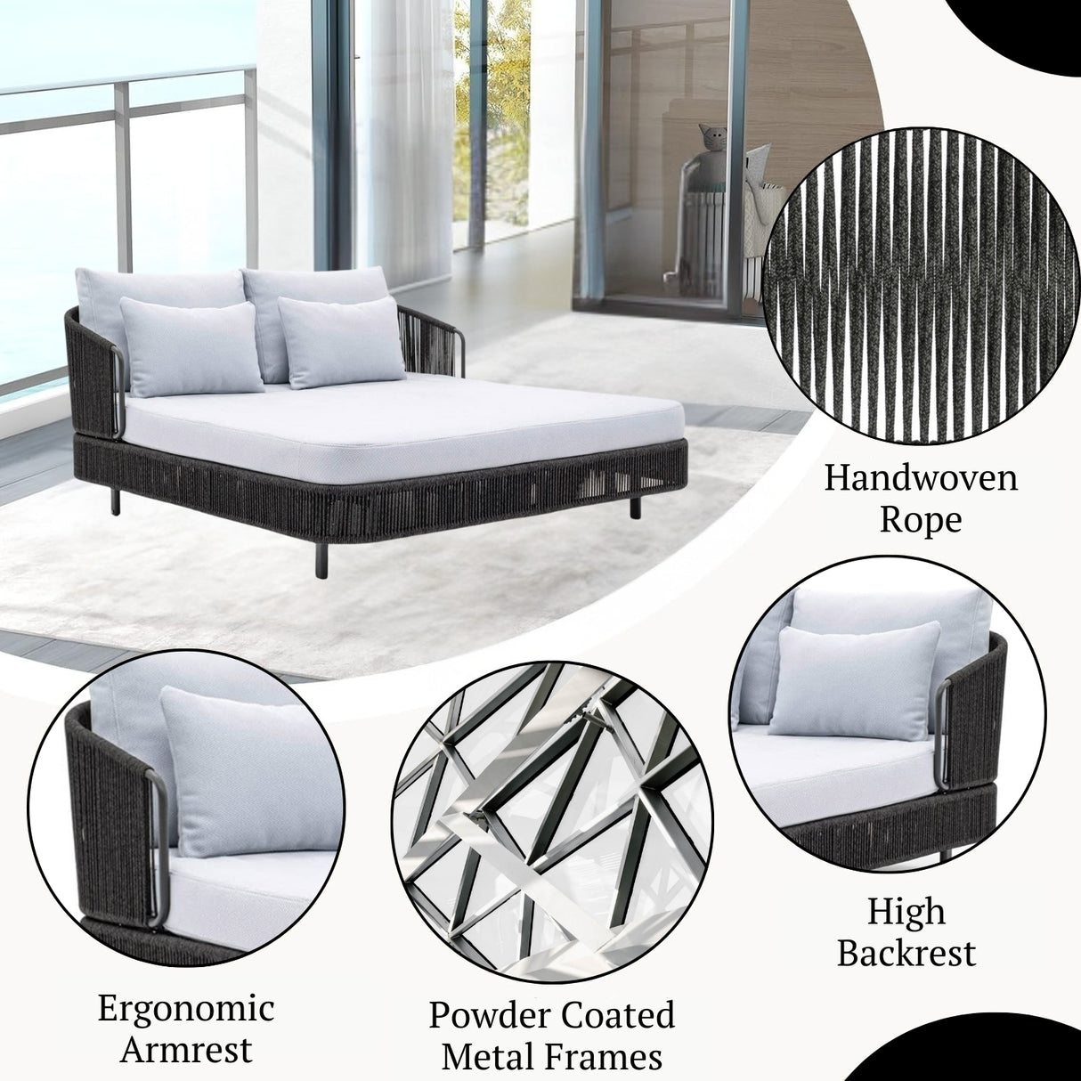Outdoor Grey Rope Patio Daybed with Comfortable White Cushion