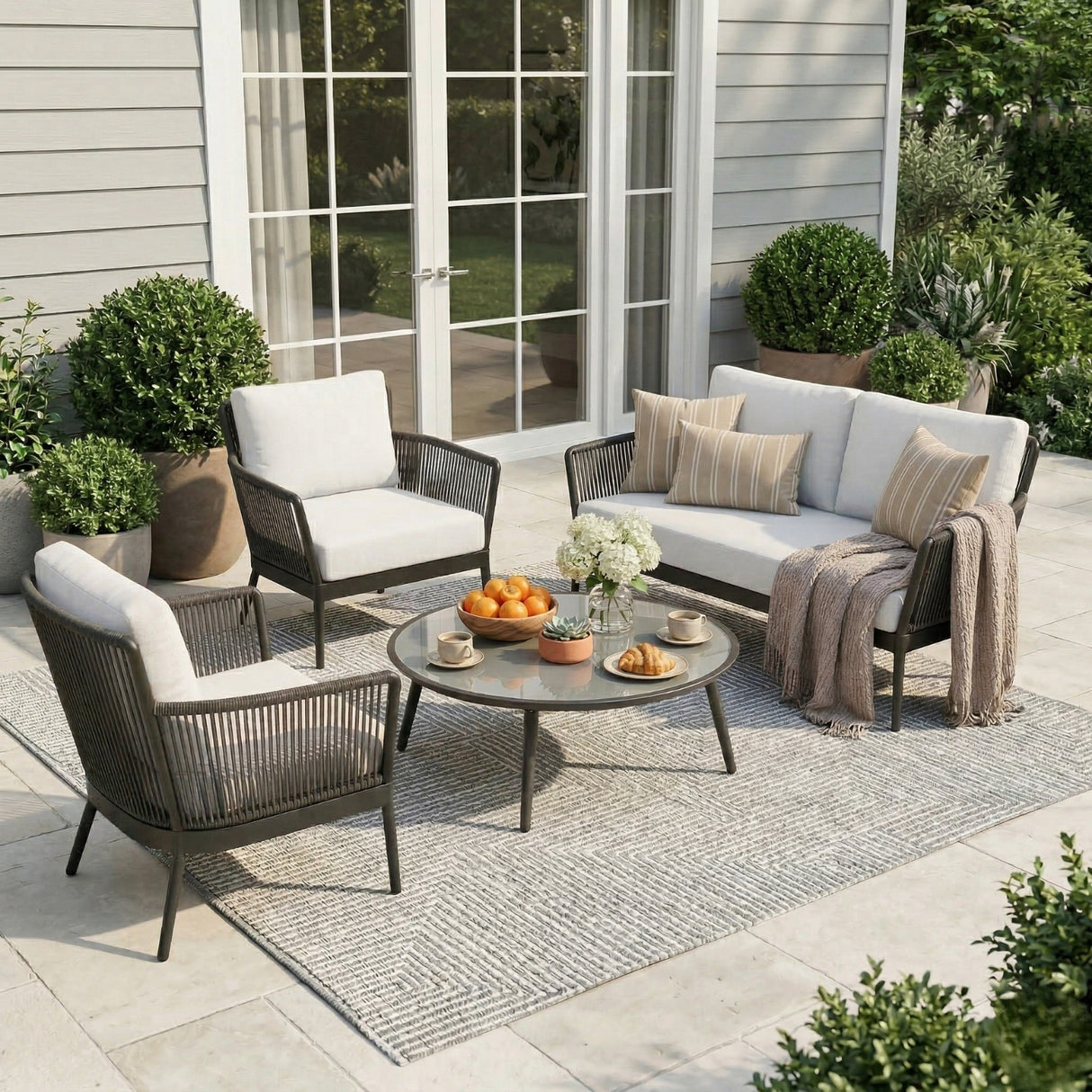 4-Piece Outdoor Rope Patio Furniture Set with Glass Top Table (Grey & Off-White)