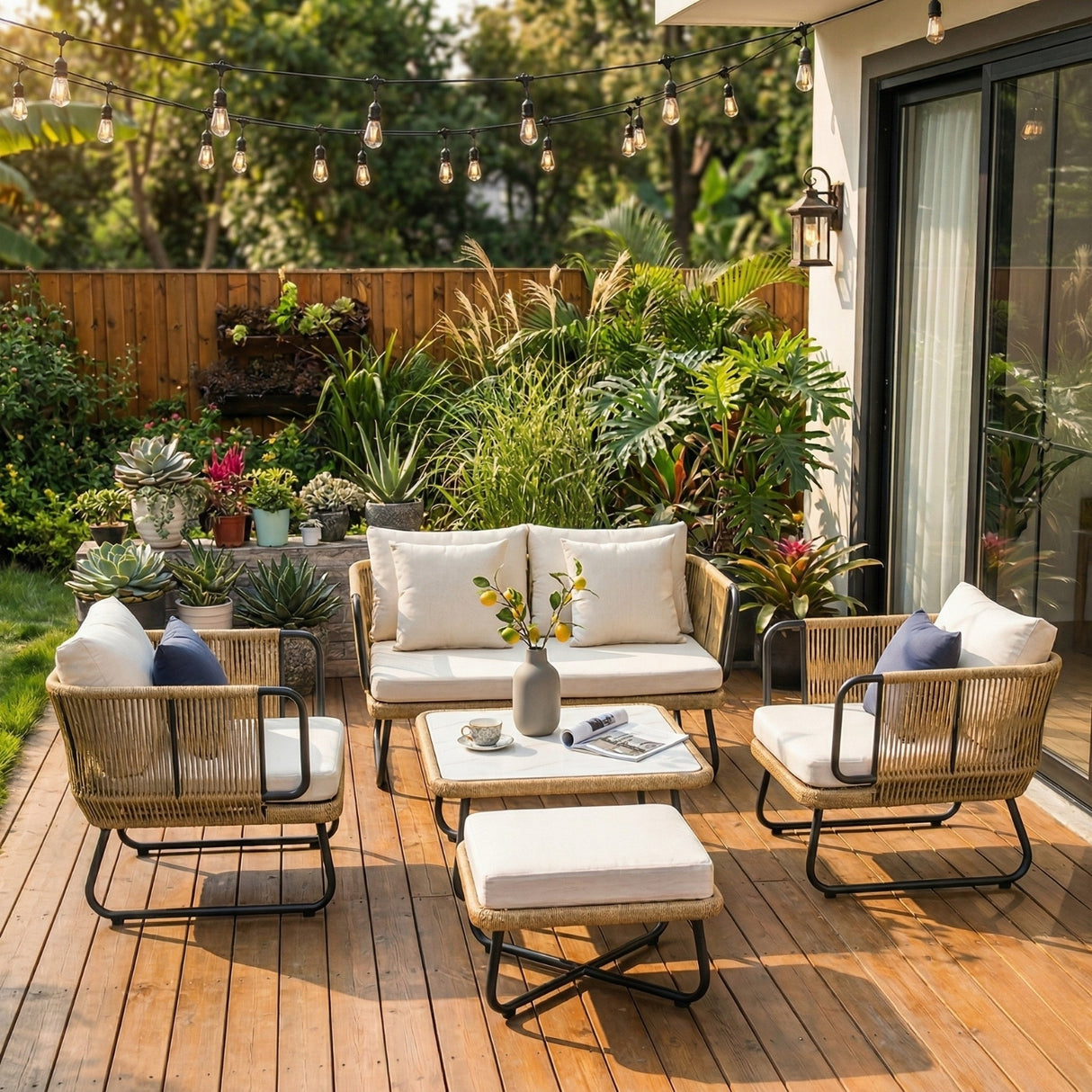 Outdoor 5pcs All-Weather Rope Sofa Set with Cushions (Beige & White)