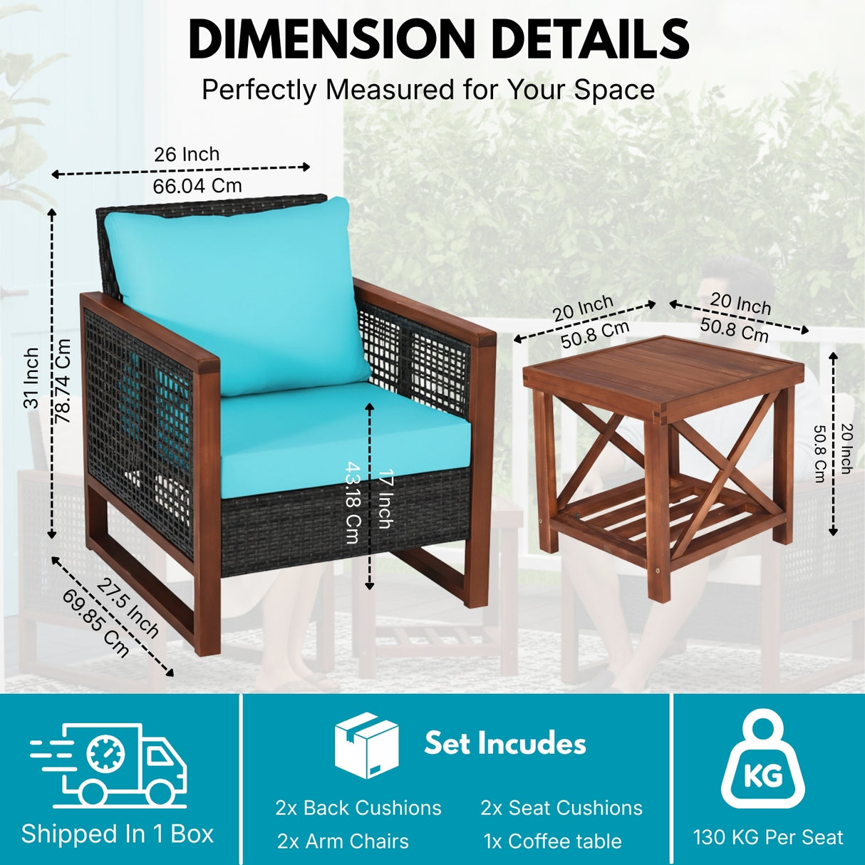Outdoor Wicker 3-Piece Patio Furniture Set with Solid Wooden Frames (Dark Brown & Sky-Blue)