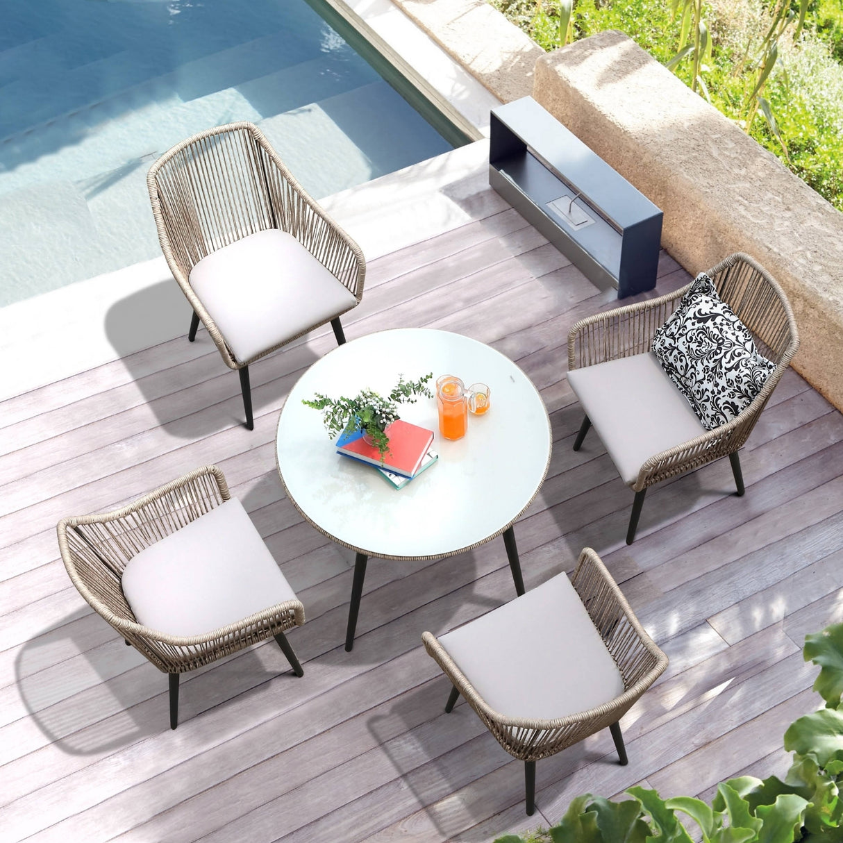 5-Piece Outdoor Rope Patio Dining Set With Glass Top Table