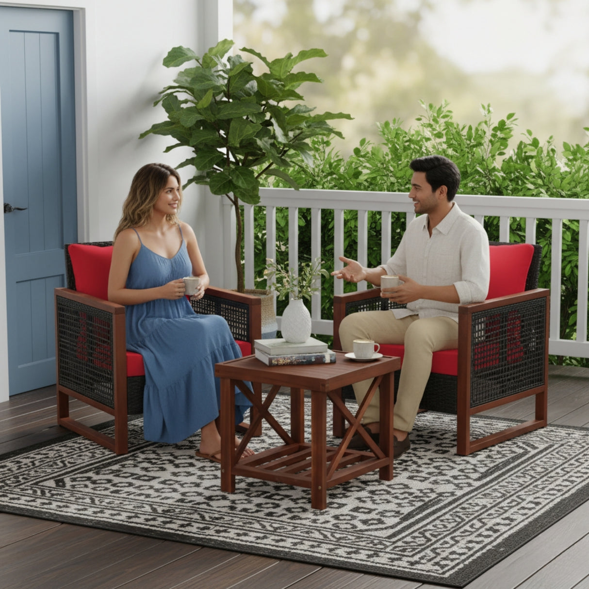 Outdoor Wicker 3-Piece Patio Furniture Set with Solid Wooden Frames (Dark Brown & Red)