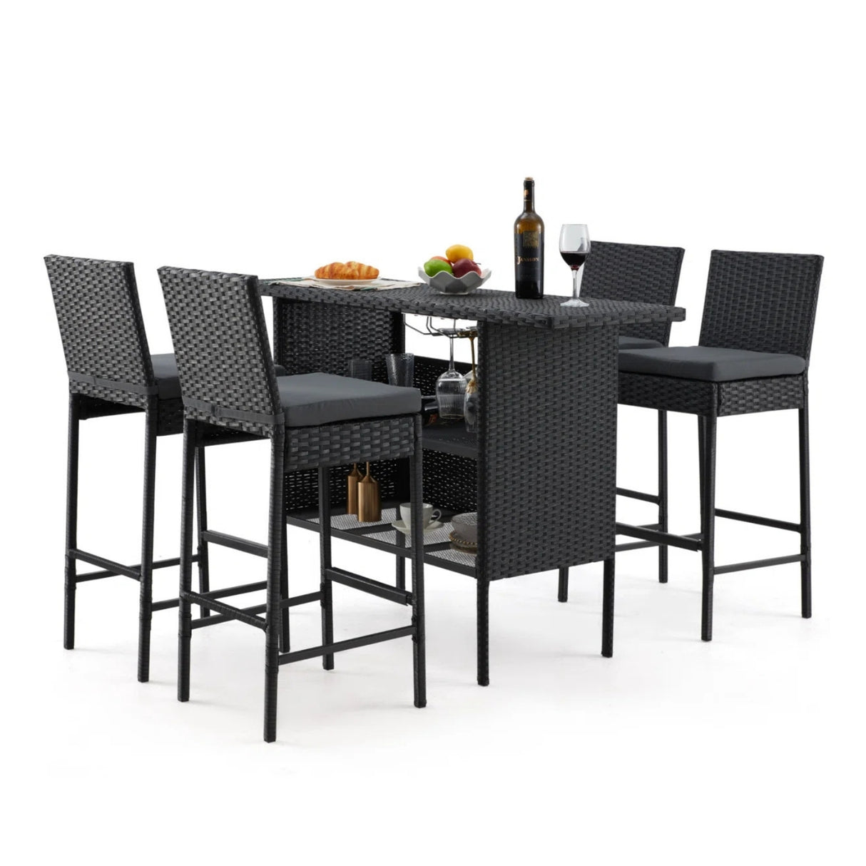 5-Piece Outdoor Rattan Wicker Bar Set with Wicker Top Table