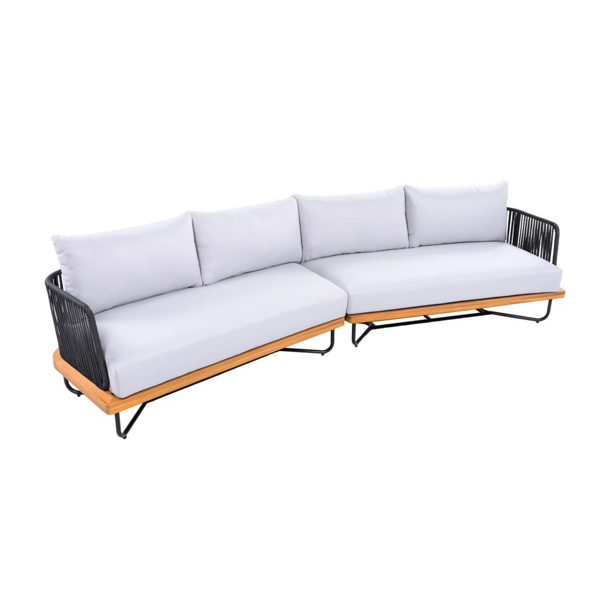 Outdoor Rope Sofa Set with Wooden Base & Teak Finish Coffee Table (Black & Off-White)