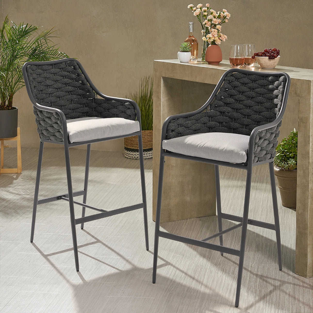 2-Piece Outdoor Rope Bar Chairs – Stylish Comfort Built to Last