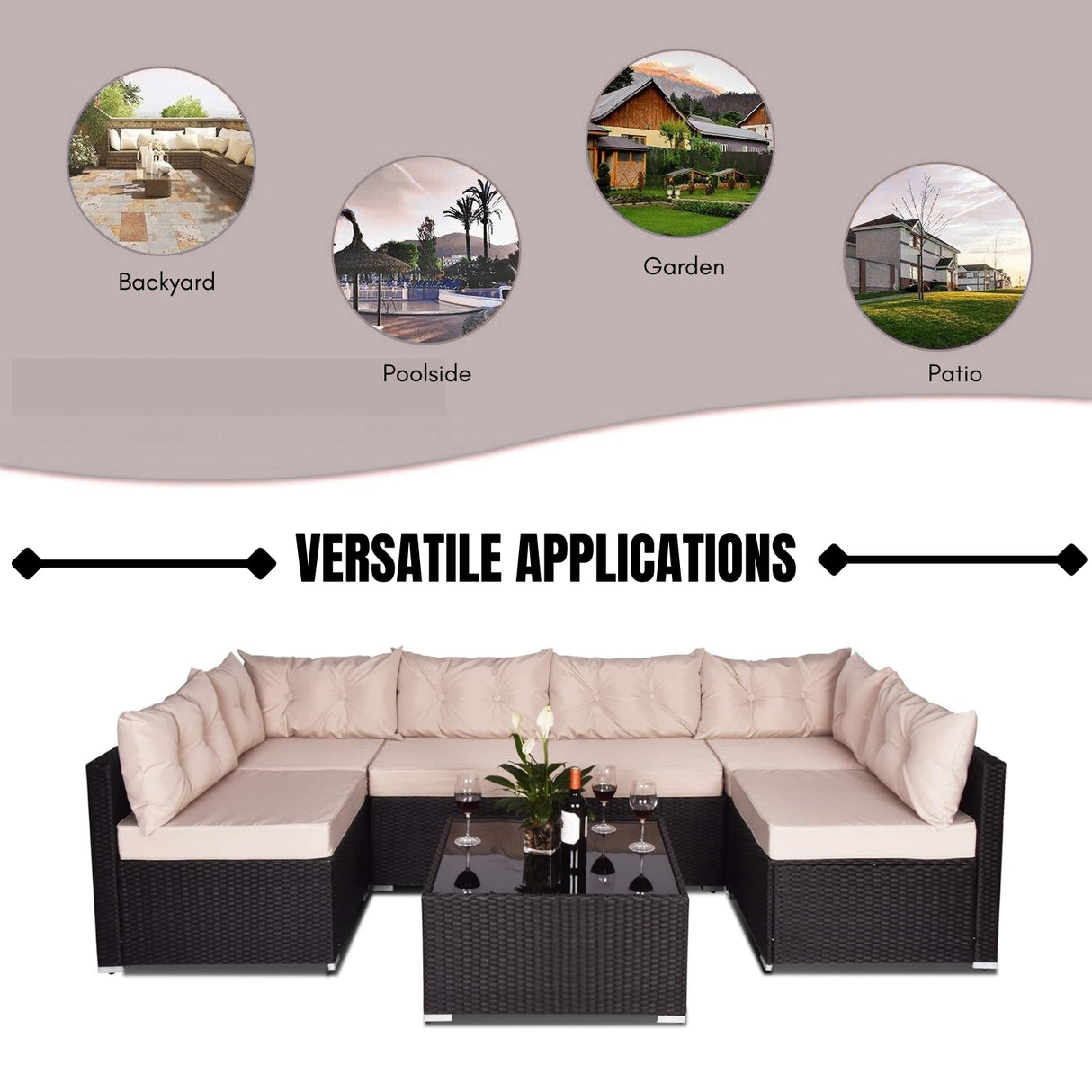 6-Seater Outdoor Garden Conversation Sofa Set (Dark Brown & Cream)