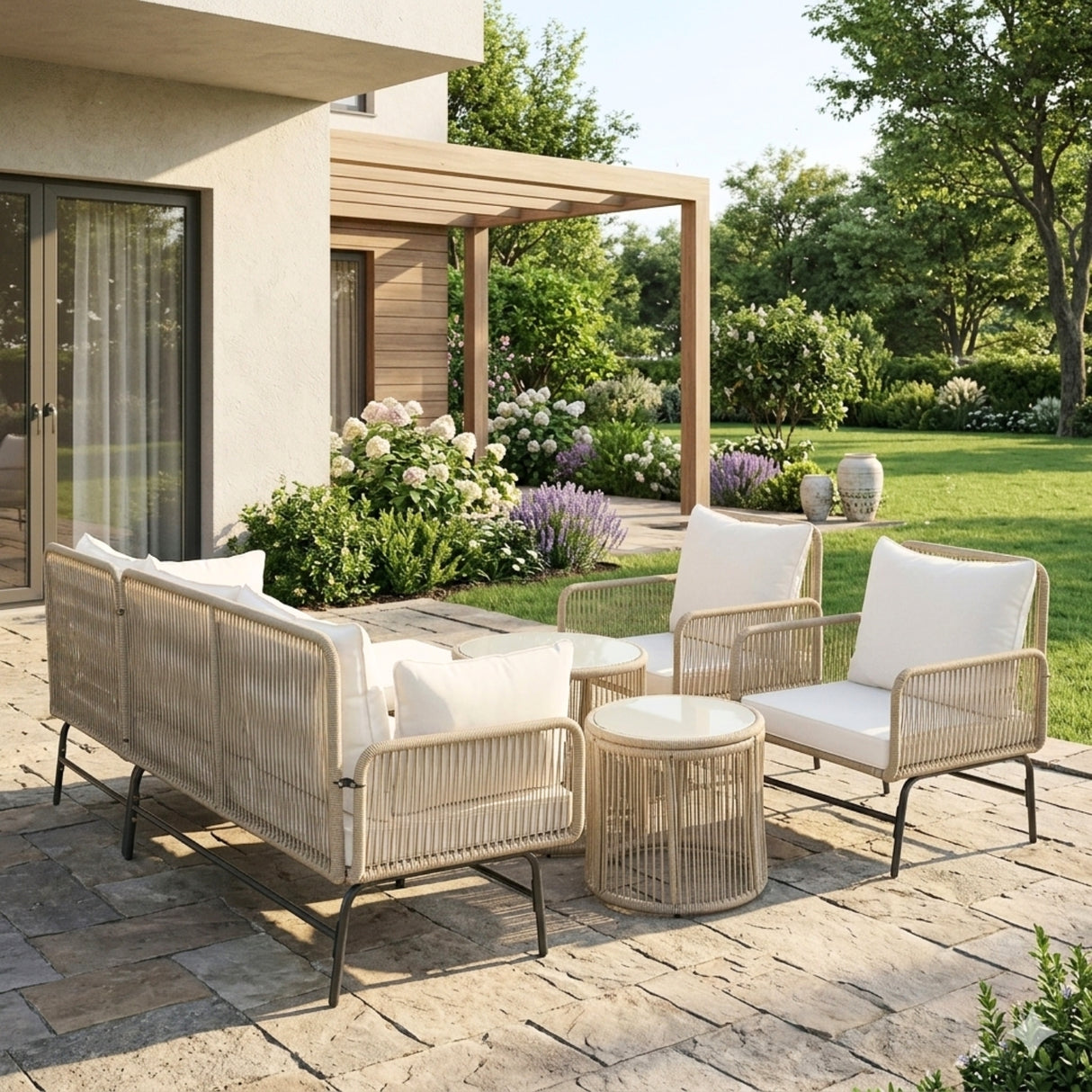 Outdoor L-Shape Rope Sofa Set (Beige & White)