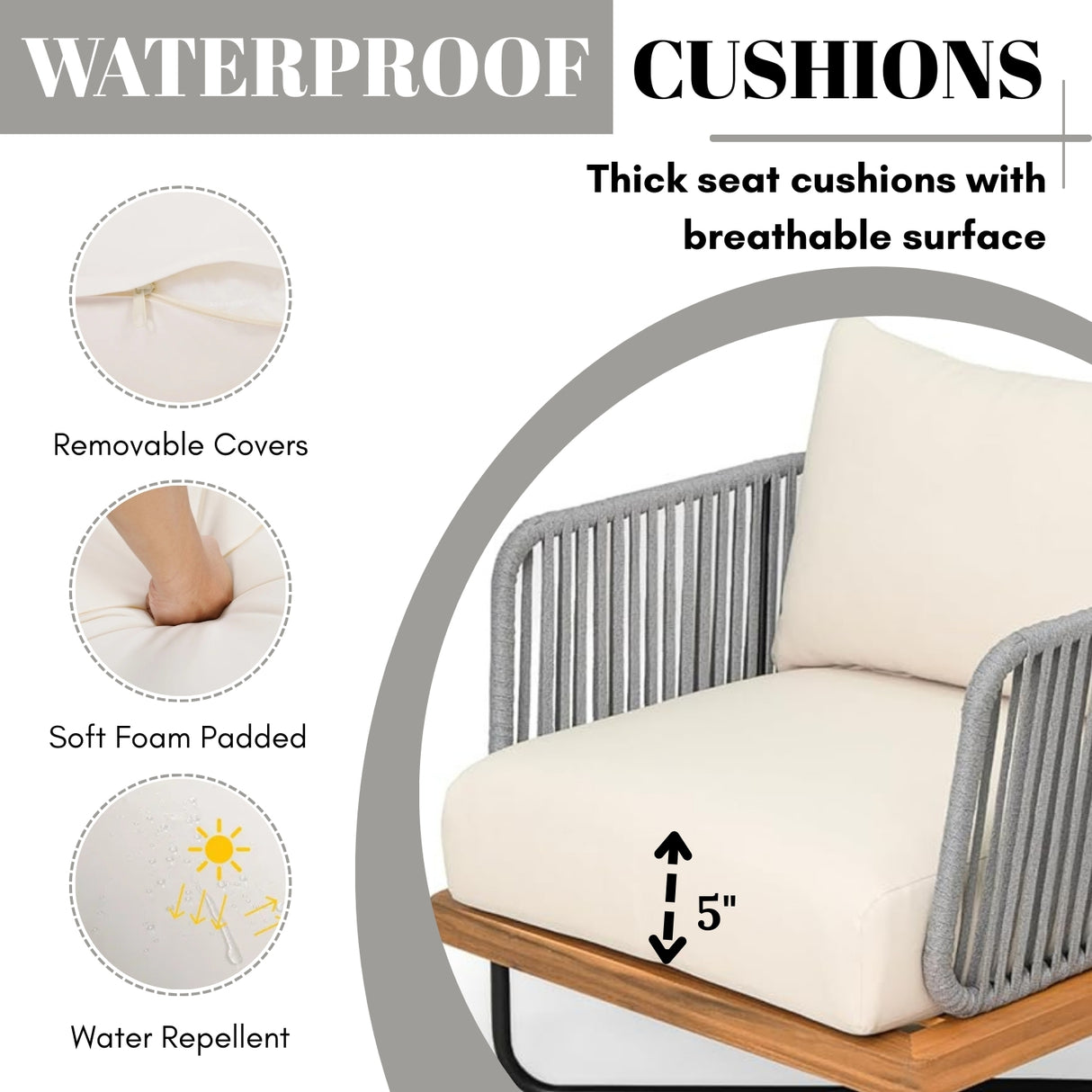 Outdoor 6-Piece Rope Woven Conversation Sofa Set with Wooden Top Table