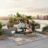 4-Piece Outdoor Rope Sofa Set With Glass Top Table (Grey & Cream)