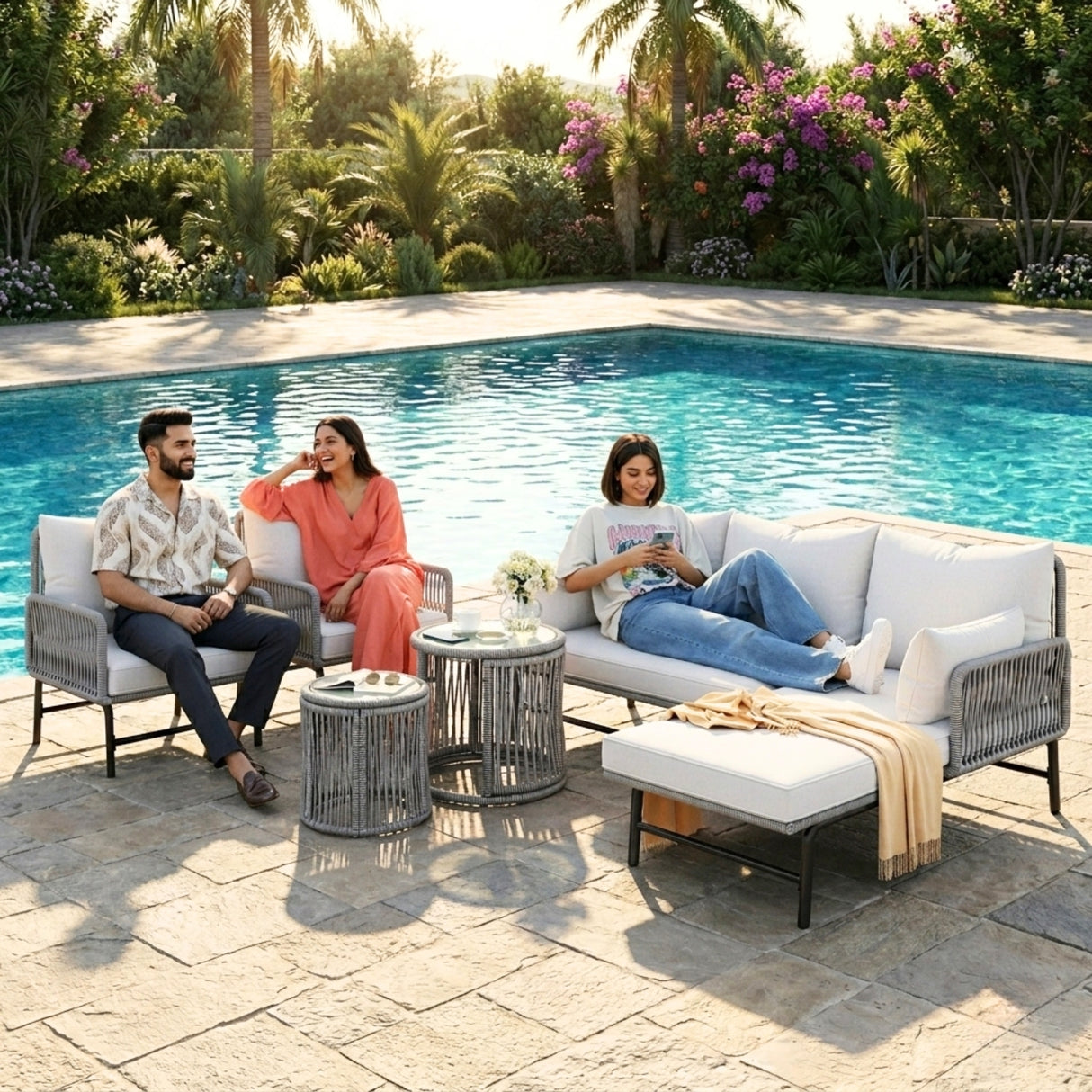 Outdoor L-Shape Rope Sofa Set (Grey & White)