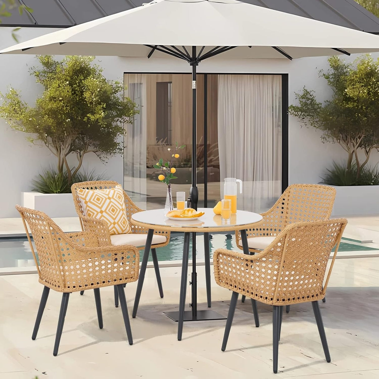 5-Piece Outdoor Patio Dining Set with Rattan Chairs & Glass Top Table