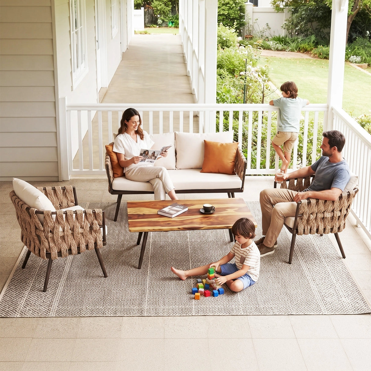 4-Piece Outdoor Rope Sofa Set With Glass Top Table (Beige & Off-White)